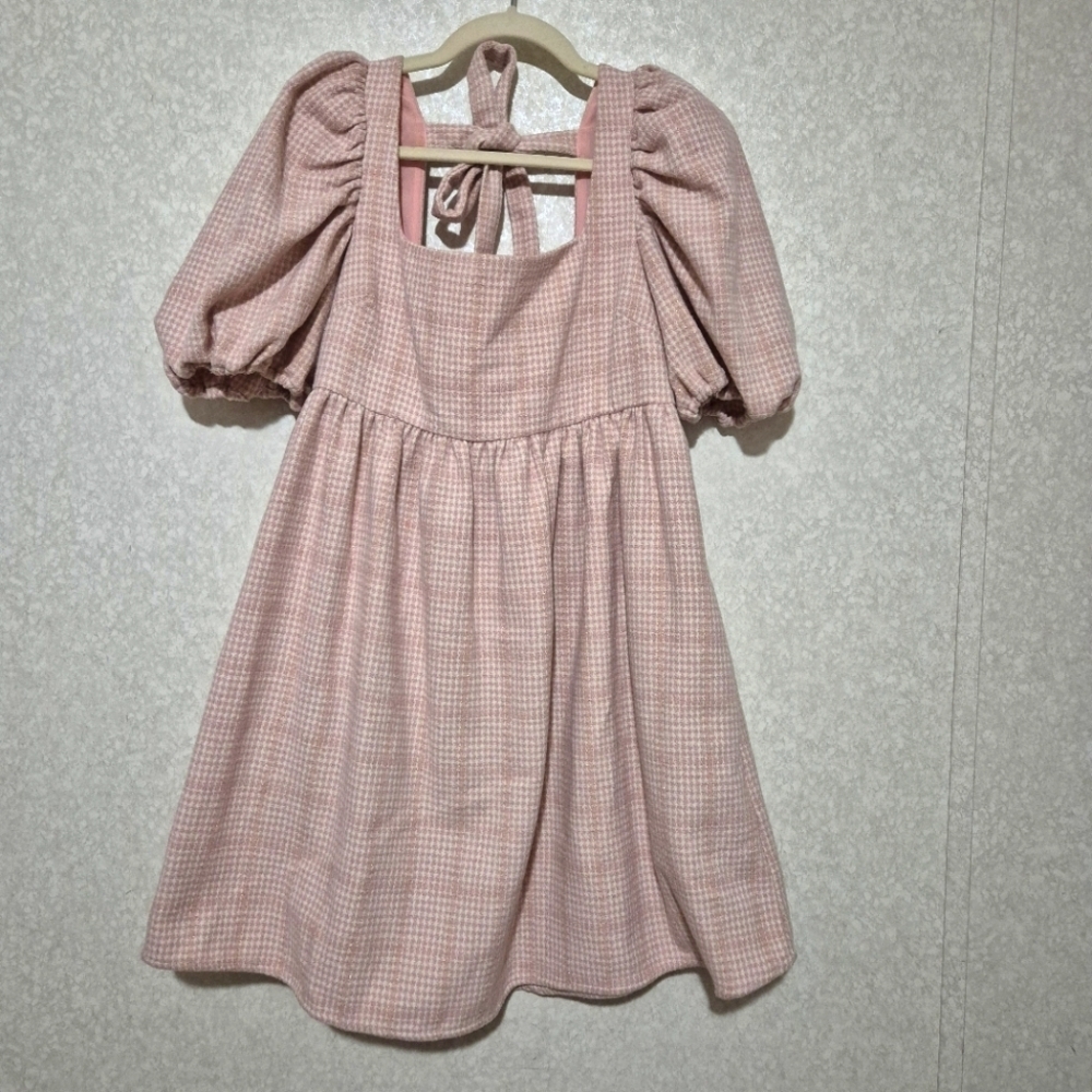 JAQUIE THE LABEL....Pink Plaid Puff Sleeve Mini Sundress..SIZE:M